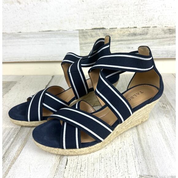 Talbots Women's 7 Navy Blue Stripe Lyndsay Espadrille Slip On Wedge Sandal - Picture 2 of 9